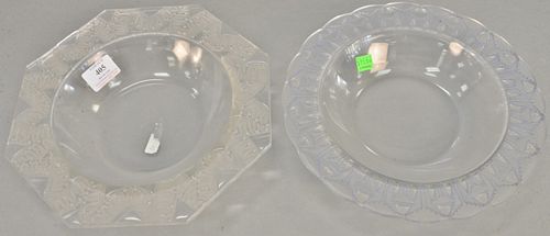 Set of two Rene Lalique bowls, clear frosted bowl having octagonal top decorated with acanthus leaves marked Lalique France, scallop edge bowl marked 