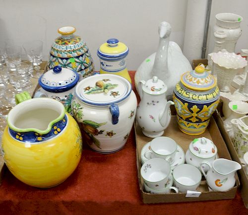Large Group of Pottery & Porcelain, to include Tiffany, Limoges porcelain tea set, italian Faience Biscotti Jar, three other covered jars, Italian Fai