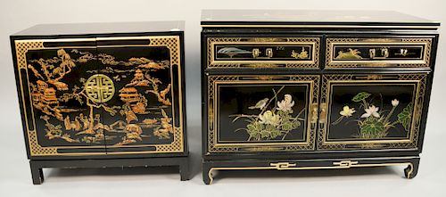 Two chinoiserie decorated server /cabinets. ht. 29 in., 33 in., top 13" x 30", 19" x 39".