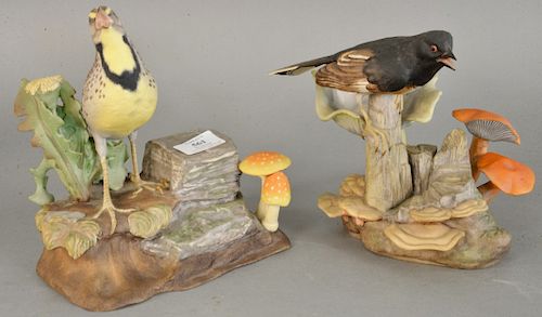 Two Edward Marshall Boehm porcelain birds, "Meadowlark" 435 (ht. 8 1/2 in.) and "Towhee" (ht. 7 1/2 in.).