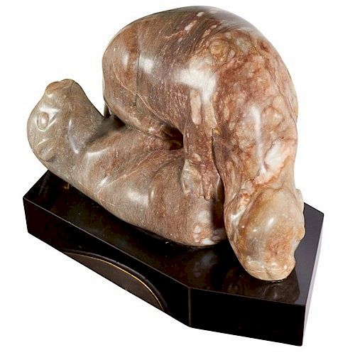 "Playful Otters" Carved Rose Marble Sculpture
