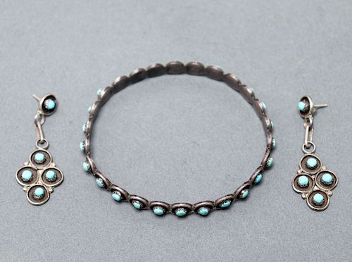 Navajo Silver & Turquoise Bangle Earring Set 2 Pcs
