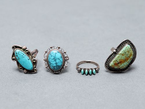 Native American Indian Silver Turquoise Rings, 4