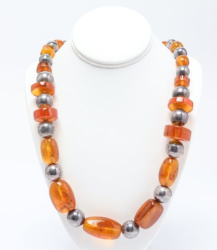 Vintage Silver & Amber Graduated Bead Necklace