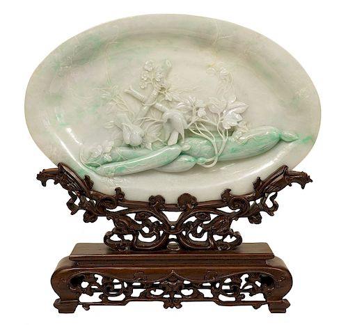 Chinese Jade Carved Dimensional Platter on Stand