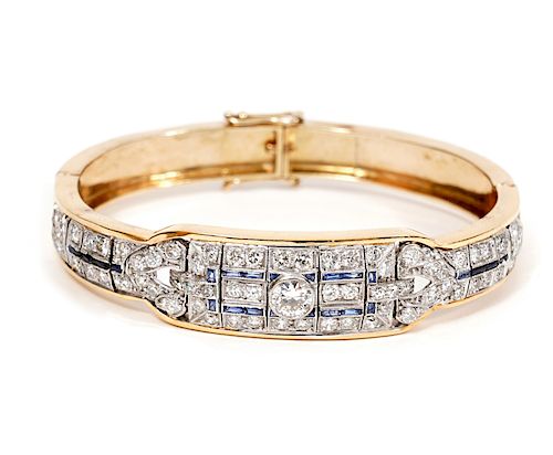 Yellow Gold, Diamond & Sapphire Hinged Bracelet