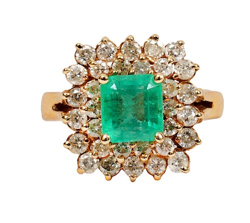 Emerald, Diamond & 14Kt YG Cluster Ring