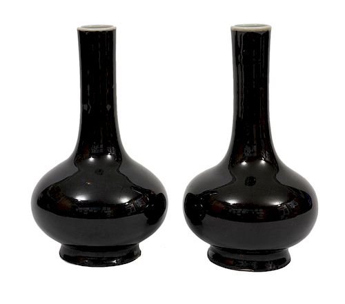 Pr. Chinese Mirror Black Glazed Porcelain Vases