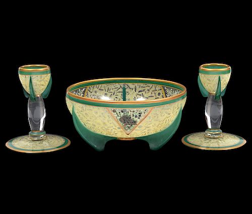 Vintage Art Glass Moser Bowl and Candlesticks