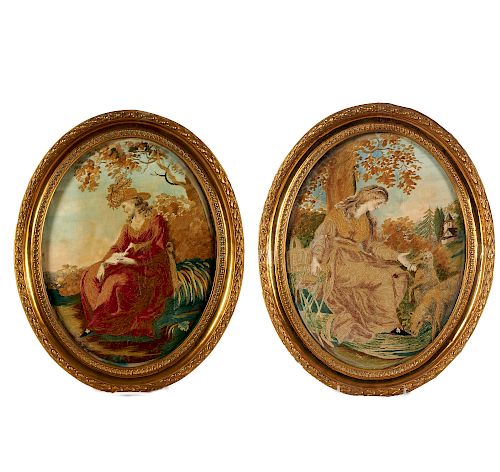 Pair Regency Painted Silk-Work Pictures