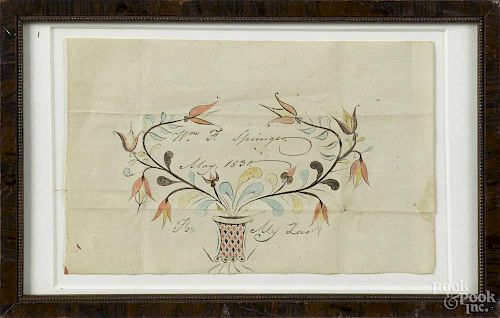 Pennsylvania pen and ink fraktur drawing, inscribed Wm. F. Springer May 1830 - for my love