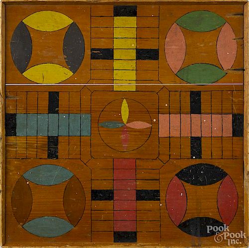 Painted pine parcheesi game board, 19th c., 22'' x 22''.