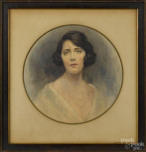 Watercolor portrait of a woman, signed A. Widlicka New York 1921, 11'' dia.
