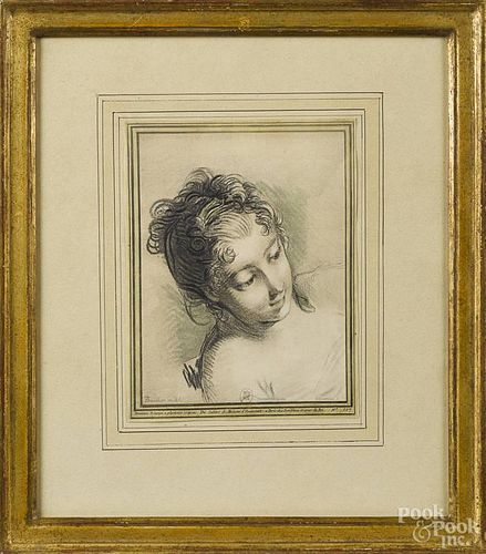 Engraved bust of a woman, after Francois Boucher, 8 1/2'' x 6 1/2''.