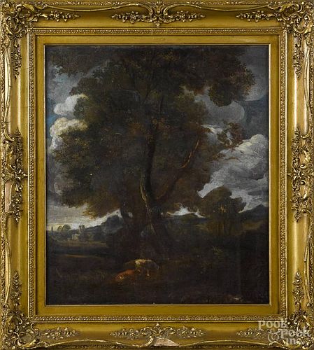 Oil on canvas Barbizon landscape, 19th c., 20 1/2'' x 17 3/4''.
