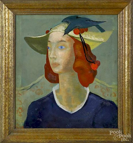 Catharine Barnes (American, b. 1918), oil on board portrait of a woman, unsigned, 20'' x 18''.