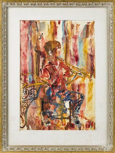 Mixed media of a boy playing the trumpet, signed Cox Cecchini, 20'' x 14''.