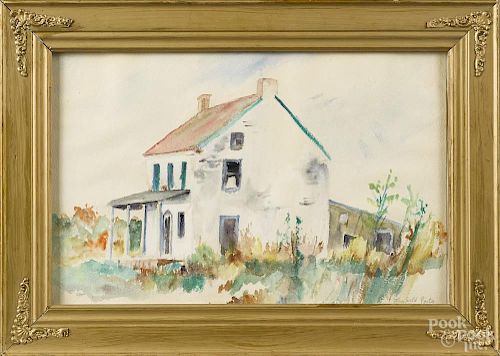 Watercolor landscape with a house, bearing the signature Fairfield Porter, 9'' x 14''.