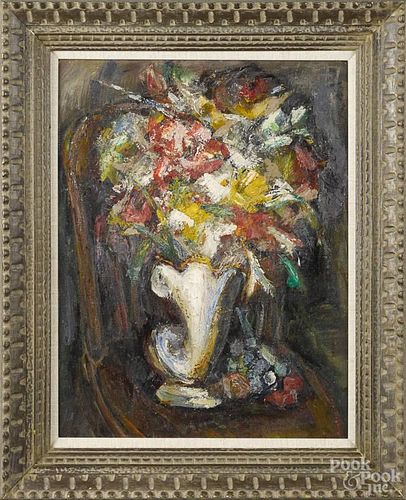 Attributed to Theresa Bernstein (American 1890-2002), oil on board still life, 22 1/2" x 17".