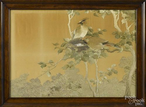 Silk embroidery of two birds and a nest, late 19th c., 13 1/4'' x 19 1/2''.