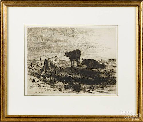 Joseph Foxcroft Cole (American 1837-1892), engraved landscape with cows, 8 1/2'' x 11 1/2''.