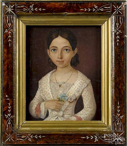 Continental oil on canvas portrait of a girl, 19th c., 11 1/2'' x 9 1/4''.