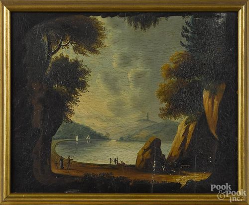 English oil on panel landscape, 19th c., with figures by a lake, 11'' x 13 1/4''.