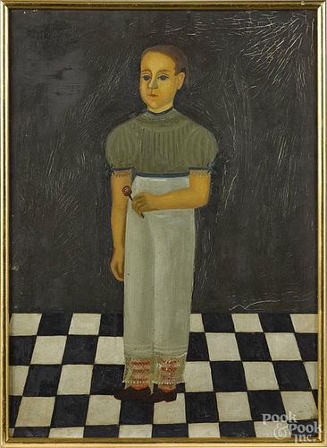 Oil on tin folk portrait of a boy, early 20th c., 18 1/4'' x 13 1/4''.
