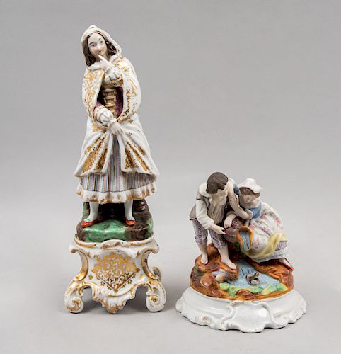 Dama y complices en el río. Francia e Inglaterra, siglo XIX. Elaborados en porcelana estilo Viejo Paris y Sutherland & Sons. Pz: 2