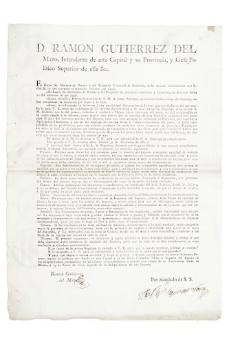 Gutiérrez del Mazo, Ramón. Bando sobre Extracción de Caudales del Imperio.México, enero 19 de 1822. Rúbrica.