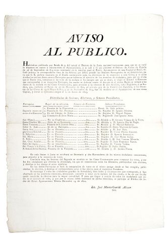 Guridi Alcocer, José María. Aviso al Público sobre Decreto de la Junta Instituyente para Elecciones de Ayuntamientos. Méx., 1822.