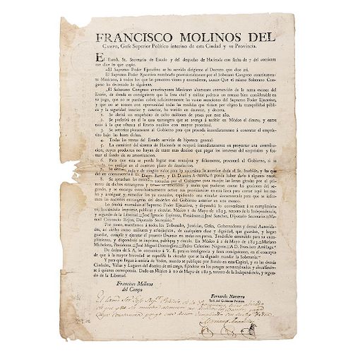 Molinos del Campo, Francisco - Navarro, Fernando. Bando sobre Solicitud de Empréstito de Ocho Millones. México, mayo 10 de 1823.