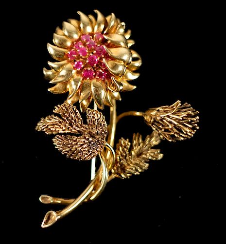 18k YG Tiffany & Co. Ruby Sunflower Brooch