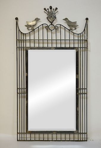 Silvered Wrought Iron Mirror with Bird Cresting