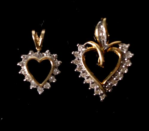 2 Gold & Diamond Heart shaped Pendants 14K