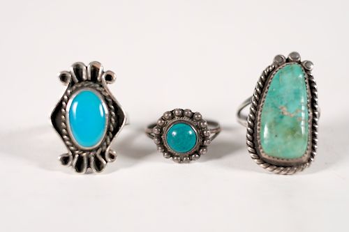 3 Vintage Sterling & Turquoise Ladies Rings
