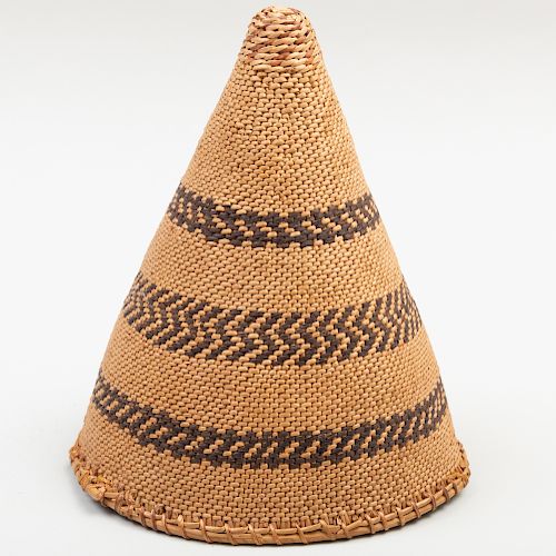 Washoe Small Polychrome Woven Burden Conical Basket, Attributed to Louisa Keyser/Datsolalee