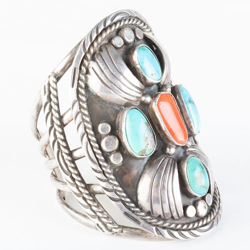 Large Native American Silver, Turquoise and Coral Cuff Bracelet