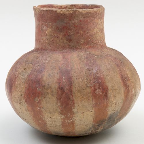 Prehistoric Caddoan Pottery Vessel with Red Stripes on a Tan Ground