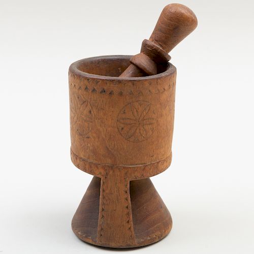 Iroquois Carved Wood Tobacco Mortar and Pestle with Geometric and Chip Carving