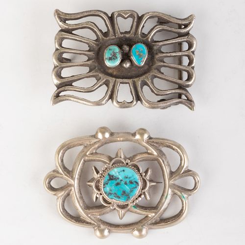 Native American Silver and Turquoise Brooch and Belt Buckle