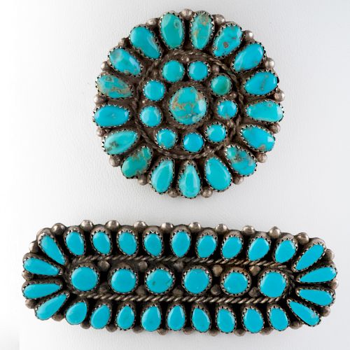 Two Native American Silver and Turquoise Brooches