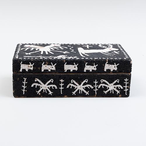 Wooden Box with Black and White Glass Beads