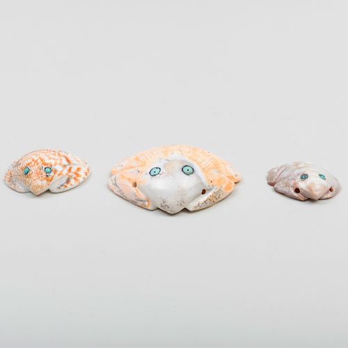 Three Zuni Carved Shell and Turquoise Frog Fetishes
