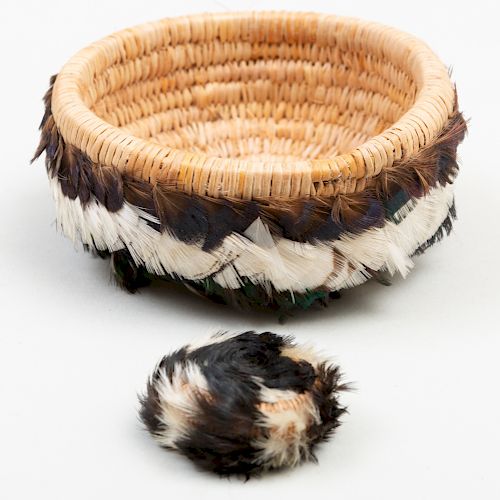 Two Miniature Pomo Feather Baskets with Polychrome Decoration
