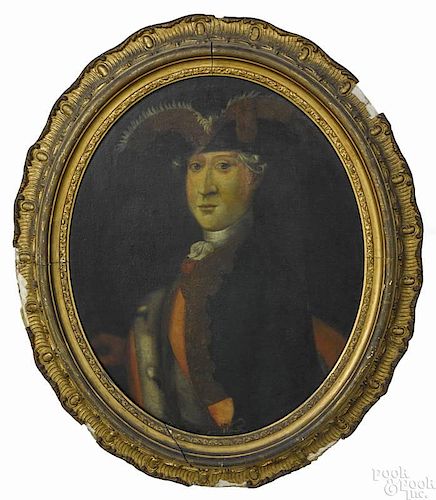 Oil on canvas portrait of a gentleman in military attire, late 18th c., 26'' x 22''.