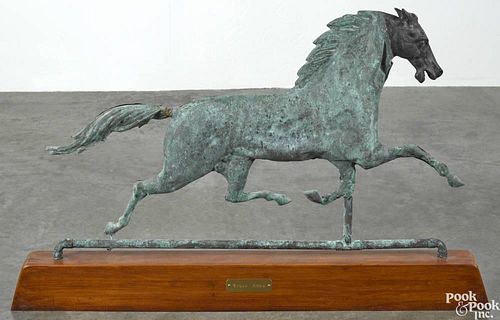 Swell-bodied copper running horse weathervane, late 19th c., 18'' h., 27'' w.
