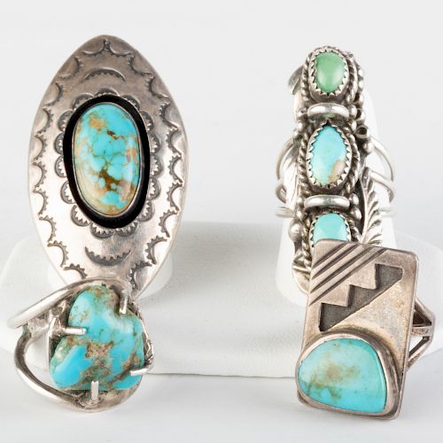 Four Native American Turquoise and Silver Rings