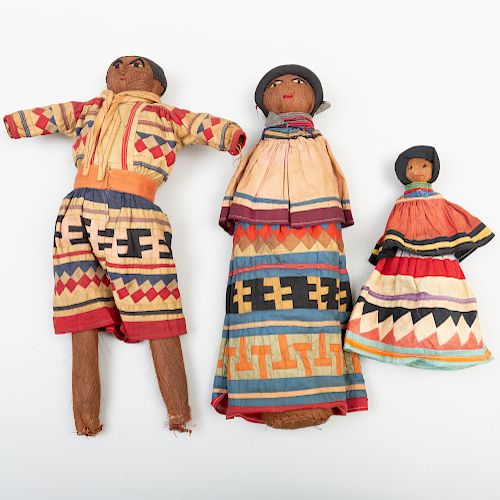 Group of Three Seminole Palm Fiber and Polychrome Cloth Dolls
