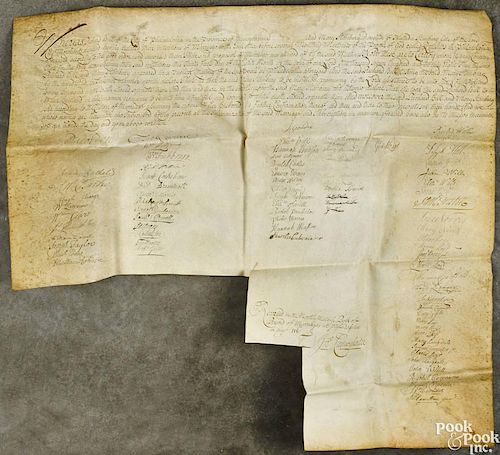 Philadelphia Quaker marriage certificate on vellum, dated 1728, to include the signatures